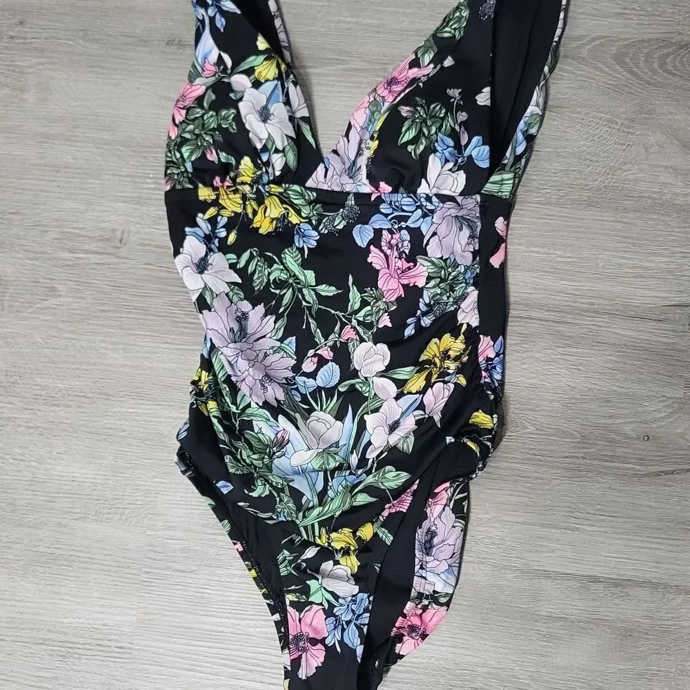 Time & Tru  One Piece Black Flowered Swimsuit